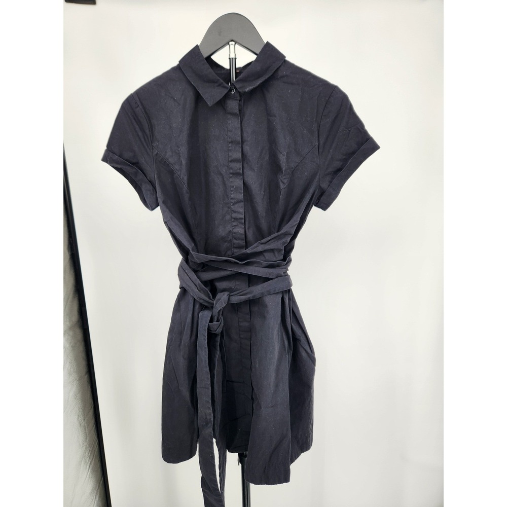 Free People Black Button Down Short Sleeve Tie Waist Shirt Dress Size 8